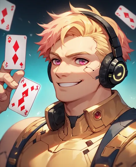 ((걸작, top quality)), handsome, alone, 1 male, short hair, Magenta eyes , ash blonde hair, white and gold clothes, smile facial,  futuristic,  cyberpunk, Gambler, card, Black headphones