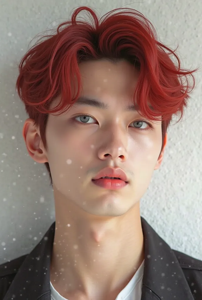 Create a boy with red hair, handsome, Korean, smooth skin and gray eyes