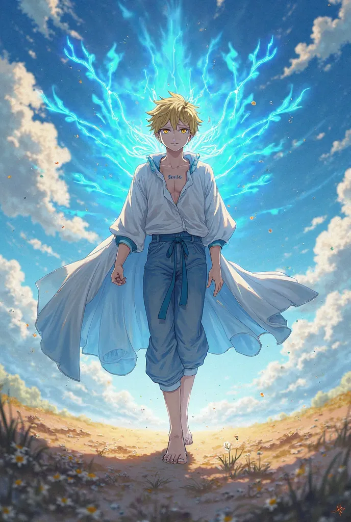 Make me a character with power of angelic realm of resonance, make it anime male with an aura graphic of one piece short hair walking on land with a blue aura and yellow eyes