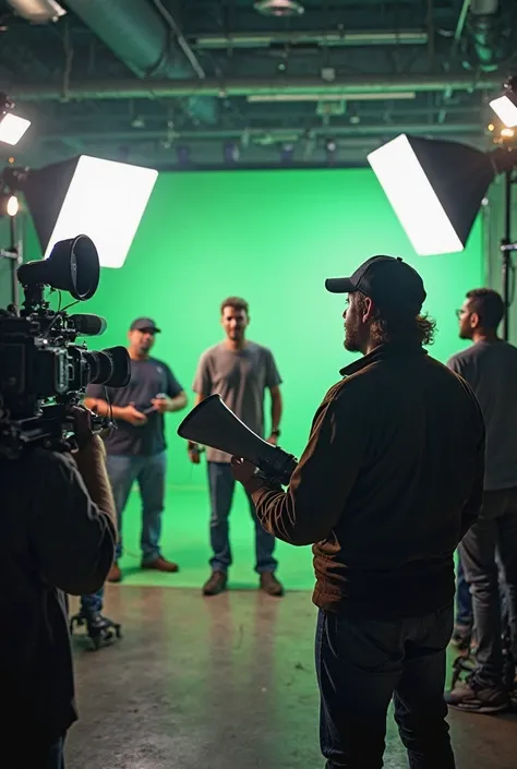 MrBeast as a Hollywood filmmaker on a big movie set, directing an action scene. He holds a megaphone, wears a director’s cap, and is surrounded by professional cameras, film lights, and crew members. In the background, a green screen and an epic blockbuste...