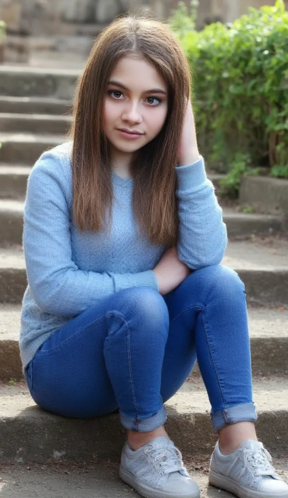  woman sitting on stairs . Has a blue sweater on.  and jeans . In addition, sneakers.  style photorealistic, sharp focus, very detailed, sunlight, detail, full body