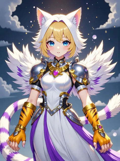 An anime-style, female anthropomorphic character reminiscent of Digimon. She has the characteristics of a white-furred feline with purple details. Her facial features include a feline nose, blue feline eyes, and short blonde hair. She has beautiful and you...