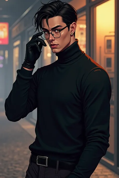 a black-haired guy with golden eyes smiles, lifting his glasses with his hand in a black glove, looking at everyone like they're trash. He's wearing a black sweater and black pants (waist-length view of the drawing) in style gta 5