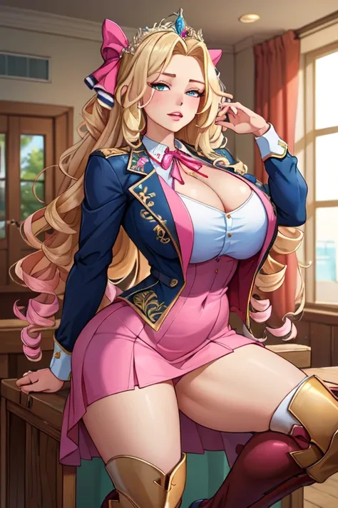 (masterpiece, best quality, absurdres, 4k, aesthetic, detailed, intricate),1girl,nikkecrwn,tiara, hair ribbon, long blonde drill hair, drill locks,cropped jacket,hair flowers,long hair,pink dress,hair ribbons,  equestrian uniform,Riding skirt, thigh high b...