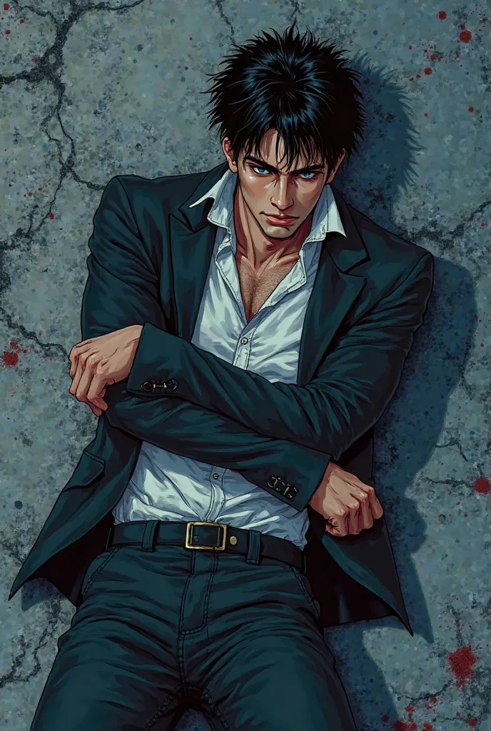 impasto, cool manga style, high quality, extremely detailed, extremely delicate line, amazing color, masterpiece, 1 man, tall, mascular, handsome, black hair, sharp eyes, lower-sanpaku eyes, slightly parted lips, handsome, fashionable clothes, lying on the...