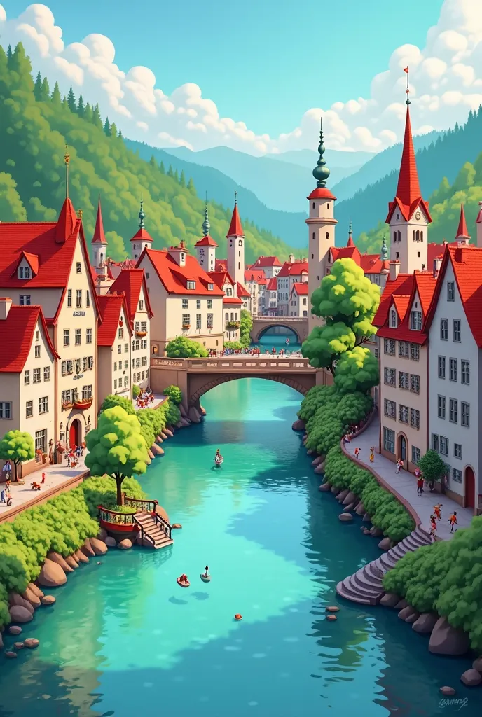 Beautiful cartoon view of the turquoise River Aare and the city of Bern