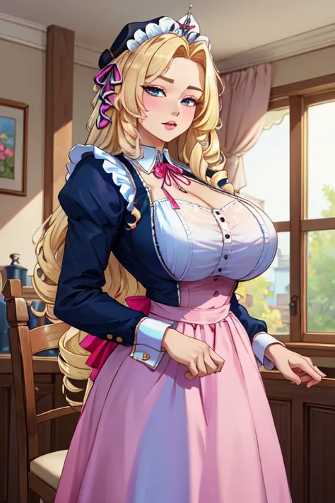 (masterpiece, best quality, absurdres, 4k, aesthetic, detailed, intricate),1girl,nikkecrwn,tiara, hair ribbon, long blonde drill hair, drill locks,cropped jacket,hair flowers,long hair,pink dress,hair ribbons,  french maid outfit, victorian maidservant, ma...