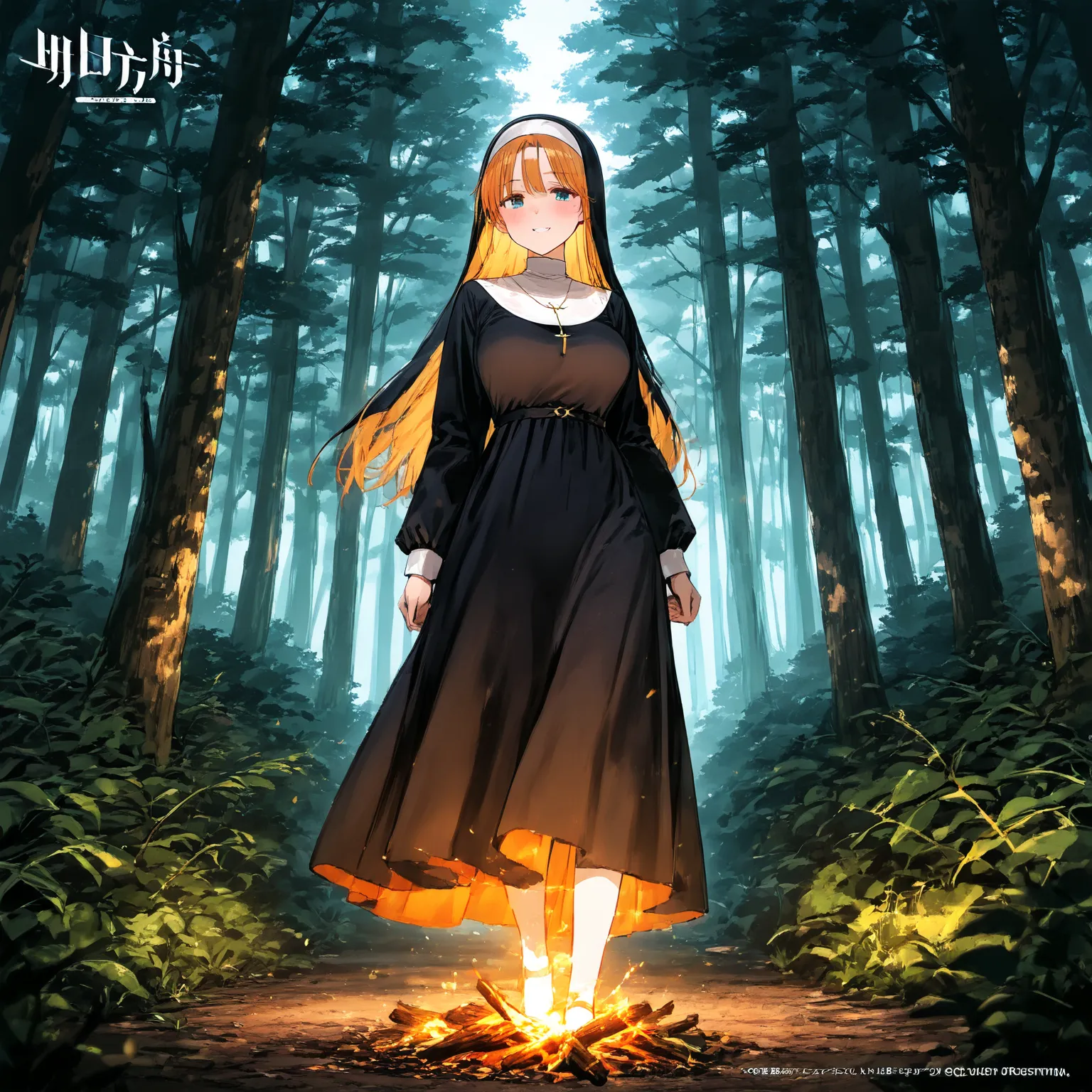 masterpiece, (((( best quality )))), shiny skin,Tall Length,Big body,nun, Fantastic, in the woods