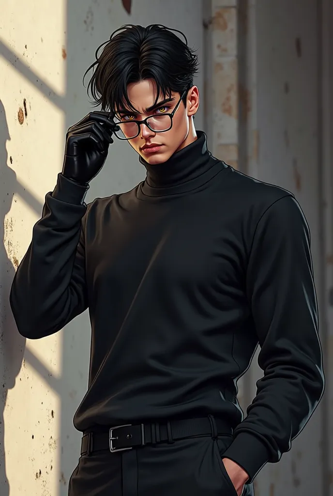 a black-haired guy with golden eyes smiles, lifting his glasses with his hand in a black glove, looking at everyone like they're trash. He's wearing a black sweater and black pants (waist-length view of the drawing) in style gta 5