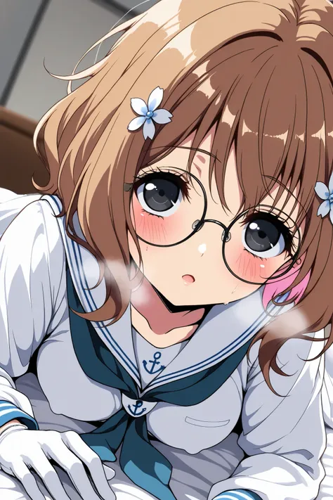 reia_kosu,1 female,solo,pretty,
ohana_matsumae,

short hair,brown hair,hair ornament,
flower,hair flower,stupid hair,long hair,
colored inner hair,

black eyes,big eyes,slant eyes,sleepy eyes,
long eyelashes,silver-rimmed round glasses,

extreme close-up u...
