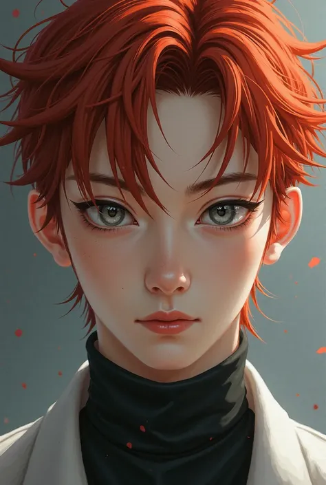 Create a boy with red hair, handsome, Japanese, smooth skin and gray eyes 