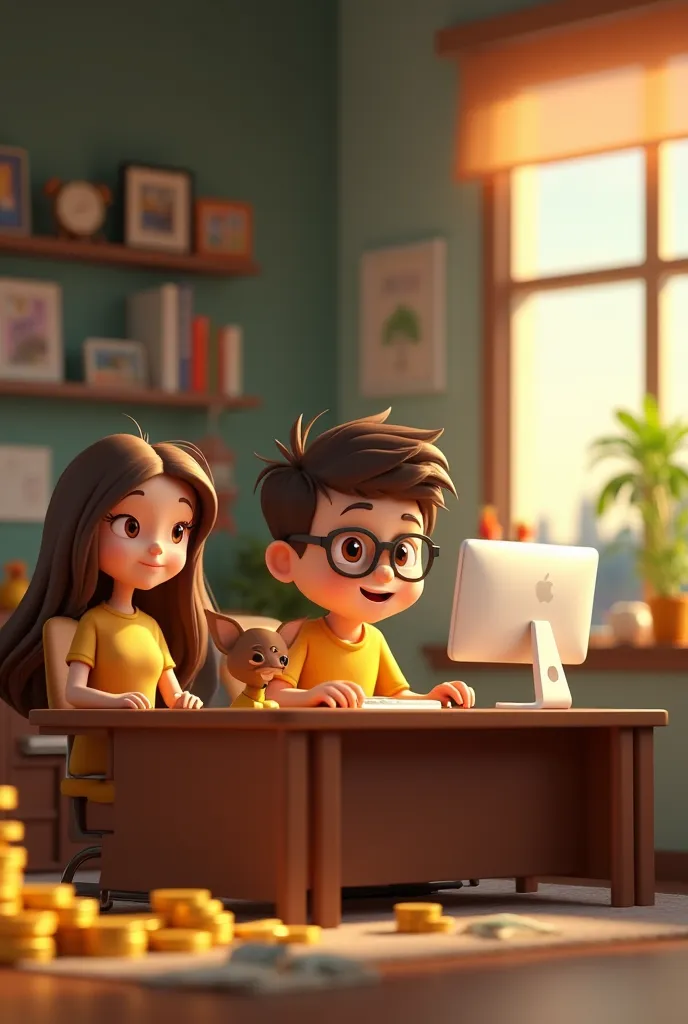 3D cartoon images in the Forex trading office There is a large computer desk in the shape of forex.  have only one Chihuahua dog and a boy wearing a yellow shirt, glasses, and short hair. There was a cute girl. Long hair, wearing a yellow shirt . There was...