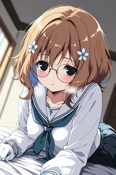 reia_kosu,1 female,solo,pretty,
ohana_matsumae,

short hair,brown hair,hair ornament,
flower,hair flower,stupid hair,long hair,
colored inner hair,

black eyes,big eyes,slant eyes,sleepy eyes,
long eyelashes,silver-rimmed round glasses,

extreme close-up u...
