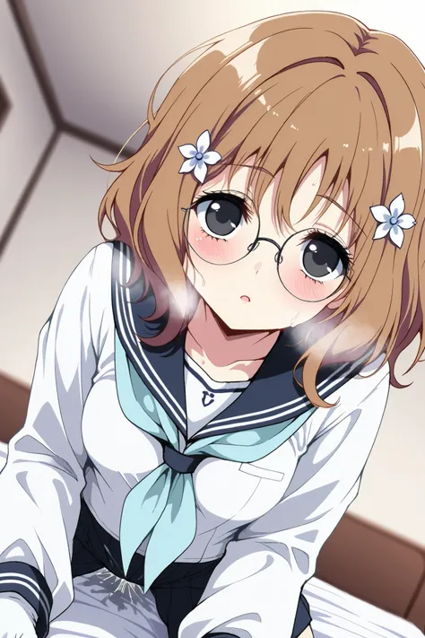 reia_kosu,1 female,solo,pretty,
ohana_matsumae,

short hair,brown hair,hair ornament,
flower,hair flower,stupid hair,long hair,
colored inner hair,

black eyes,big eyes,slant eyes,sleepy eyes,
long eyelashes,silver-rimmed round glasses,

extreme close-up u...