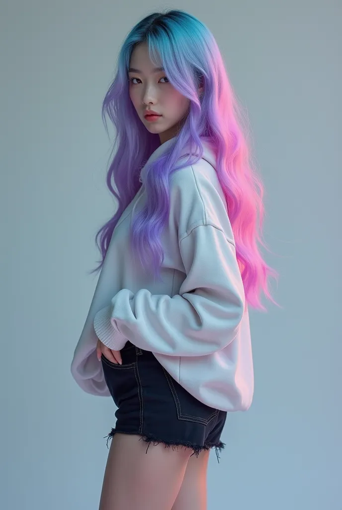 A young 5’6 Asian woman with cyan-turquoise hair with pink and purple highlights that slowly fade into a lilac purple at the bottom. She wears an oversized hoodie, black shorts and ankle boots.