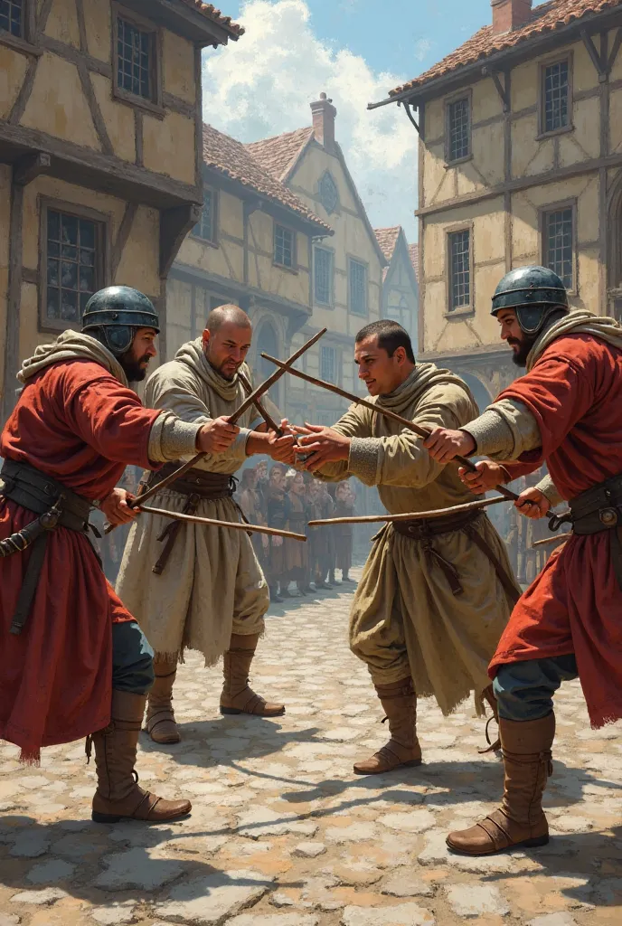 Five different dressed people from the middle ages fighting with five sticks 