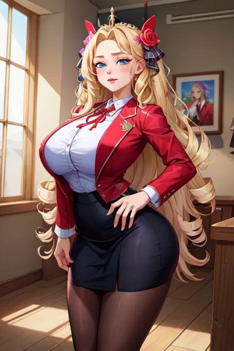 (masterpiece, best quality, absurdres, 4k, aesthetic, detailed, intricate),1girl,nikkecrwn,tiara, hair ribbon, long blonde drill hair, drill locks,cropped jacket,hair flowers,long hair,pink dress,hair ribbons, red blazer, black plaid skirt, pantyhose





