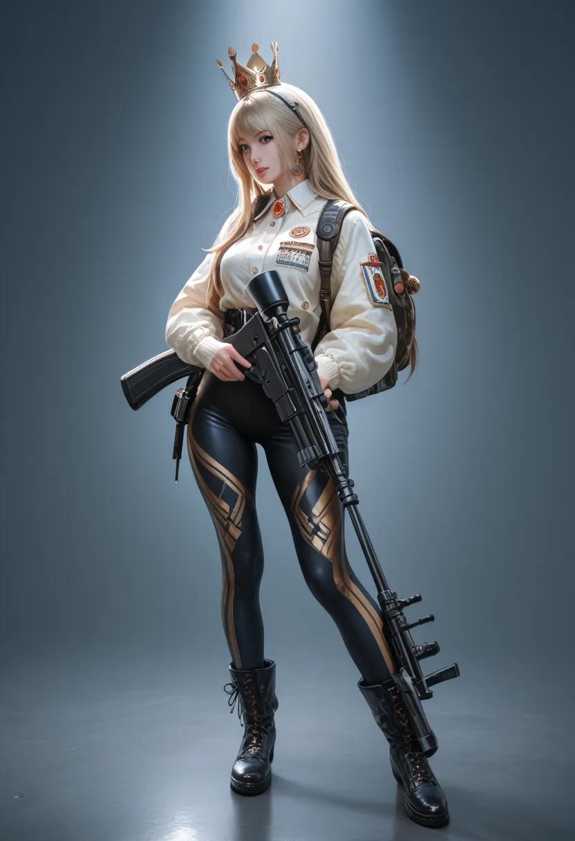 Forgnite female character body,full body, video games costume handle,games lobby background, HD quality,super details,big sniper rifle, backpack,tall,boobs, character details profile, spacial bundle,god like clothes,long legs,long hair, girl,25 year old, b...