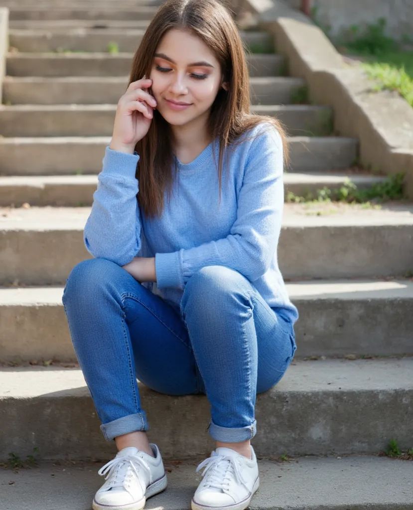  woman sitting on stairs . Has a blue sweater on.  and jeans . In addition, sneakers.  style photorealistic, sharp focus, very detailed, sunlight, detail, full body