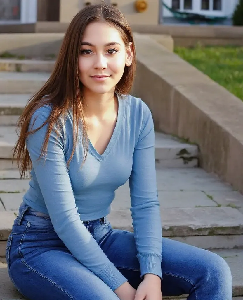  woman sitting on stairs . Has a blue sweater on.  and jeans . In addition, sneakers.  style photorealistic, sharp focus, very detailed, sunlight, detail, full body