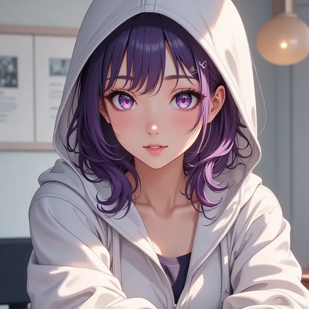 beautiful woman under hoodie　Purple medium length 　her eyes are clear and cute　casual and rough outfit　 Clothes are white style　Her face looks like an adult\n hair up　  kind eyes  　   let me eat 、 nice smile　Welcome a Maltese baby