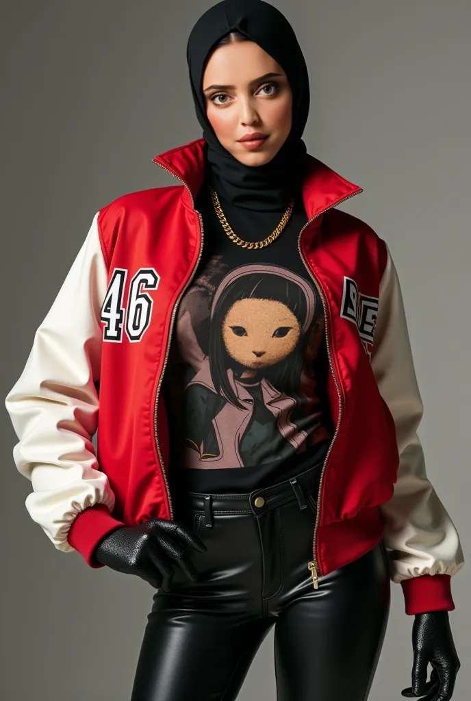 A mesmerizing woman with a flawless physique is clad in a turtleneck shirt featuring a *Nico Robin* anime print, perfectly paired with sleek black jeans. Over her shirt, she sports a striking red athletic jacket with crisp white sleeves and the bold number...