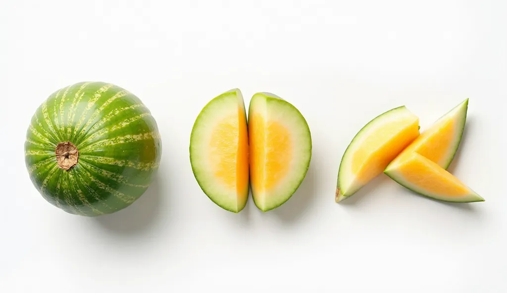 Melon progression from whole to halved to cubed on white background realstic and high resulation top view
