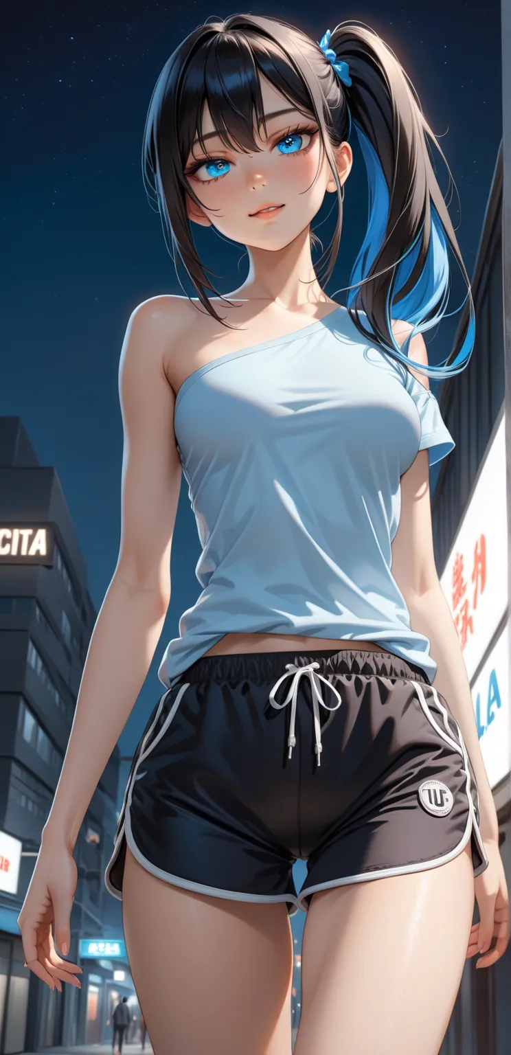 Random Sexy pose , ((Ultra detailing)), ((very aesthetic, best quality, ultra detailed)), intricate details, 1girl, ((long hair, Black hair, Side ponytail, blue inner hair)), ((Multi colour eyes)), ((Detailed eyes)), ((Beautifull eyes)), ((prefect eyes)), ...