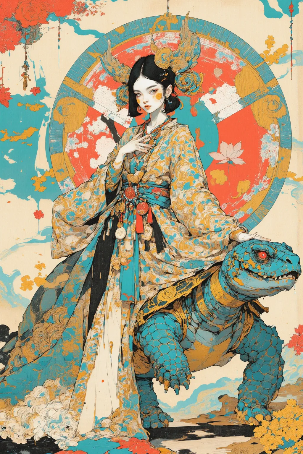 Close-up of a Picture of a Woman Riding a Giant Turtle, Tibetan painting, super detailed painting,十二単衣の girls on the left,Kimono spreads out into the abstract and blends into the background,Ashura,qigong , girls on the left,Tibetan Ultra-Detailed Precision...