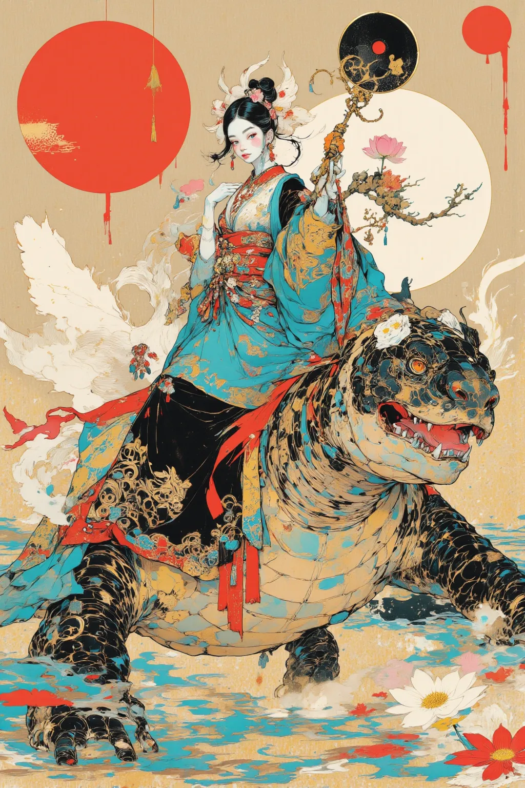 Close-up of a Picture of a Woman Riding a Giant Turtle, Tibetan painting, super detailed painting,十二単衣の girls on the left,Kimono spreads out into the abstract and blends into the background,Ashura,qigong , girls on the left,Tibetan Ultra-Detailed Precision...