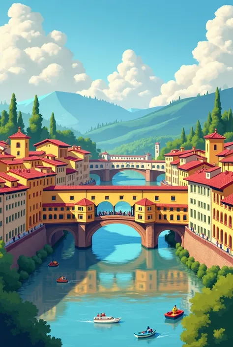 Beautiful cartoon view of Florence and the Ponte Veccue Bridge