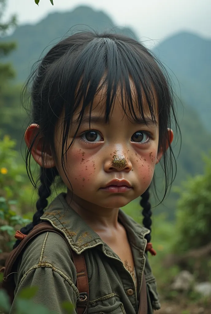 I want to create an ethnic girl, living in the highlands of vietnam. The baby's face was painfully sad and crying. The nose is covered with mud.. Light shines from the top down and from the left .