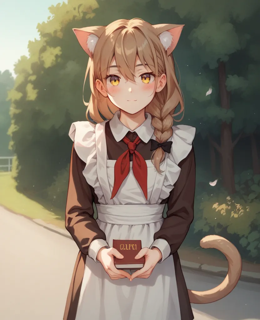  Create an image of  an anime girl, 19 years old, {(cat ears, cat tail, hair between eyes, bow, single braid, long hair, yellow eyes, brown hair, blush , outdoors, ,holding_book perfect anatomy,,long hair,look at looking at viewer,(white apron:1.1),red nec...