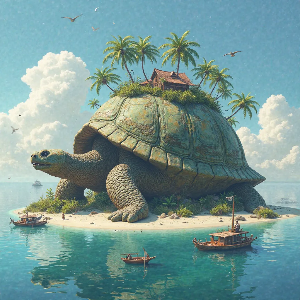 a huge turtle on whose back there is a beach with a blue lake, white sand, palm trees, clouds, birds, small yachts floating nearby, photo