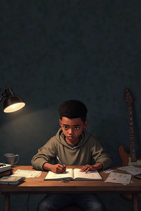 Create an image of a black boy writing music in his room with a black background