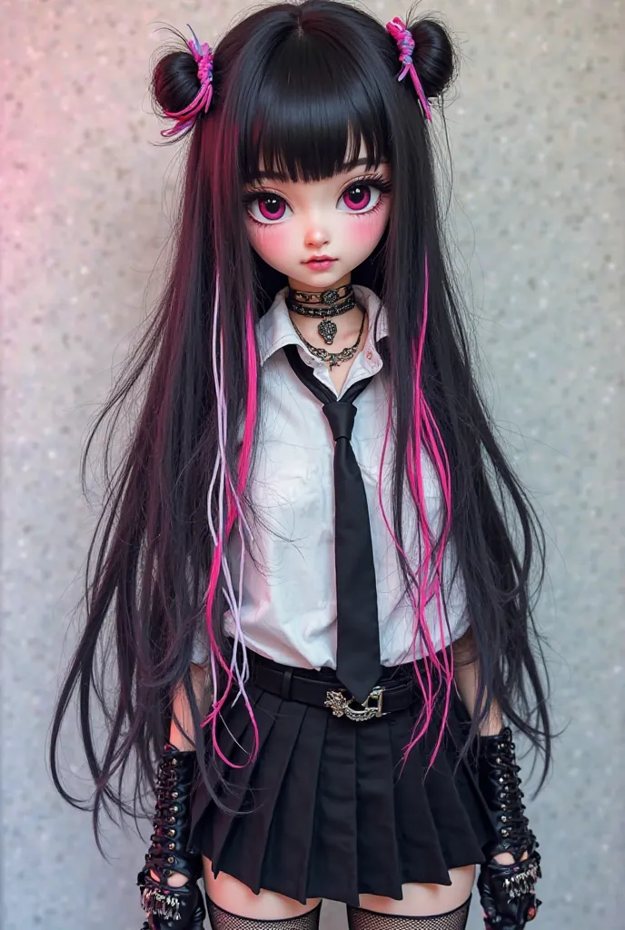 *She has long black hair with bright pink. Not really popular. which make her look even more expressive, with white and blue strands, The look is complemented by accessories —, ripped mesh tights and high boots.  The eyes are large and expressive , highlig...