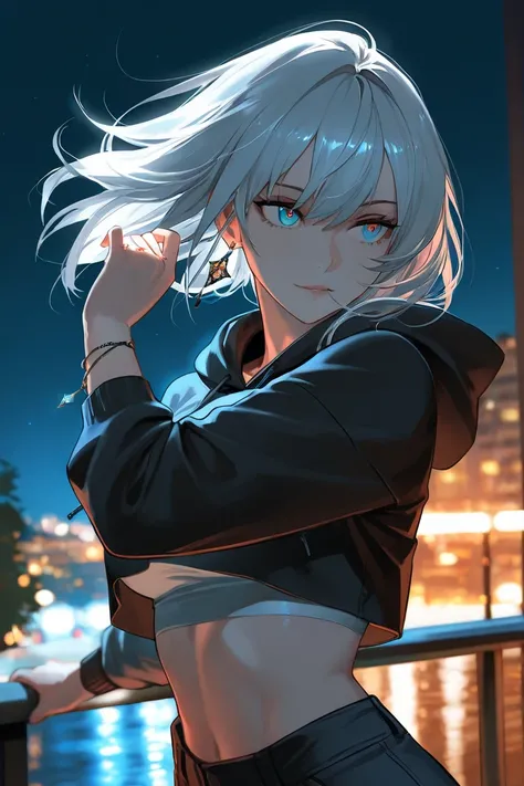 beautiful girl, silver hair, attractive, top quality, masterpiece, hoodie crop top, cinematic shot, dynamic pose, mysterious, dark ambience, night time, showing more skin, less clothes, has accessories like bracelets and rings, accessories are minimalistic