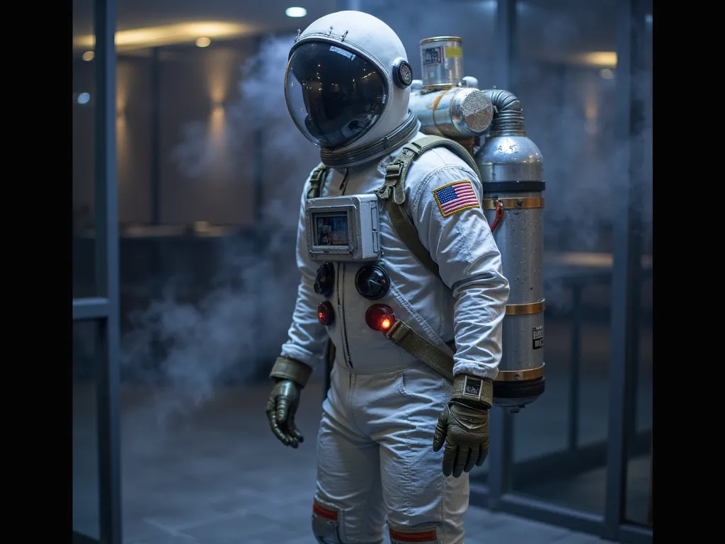 An adult wearing a homemade astronaut costume, consisting of a white jumpsuit with space mission patches, a DIY helmet with a transparent bubble, and a backpack simulating a thruster made from plastic bottles and tubes. The boots and gloves are covered in ...