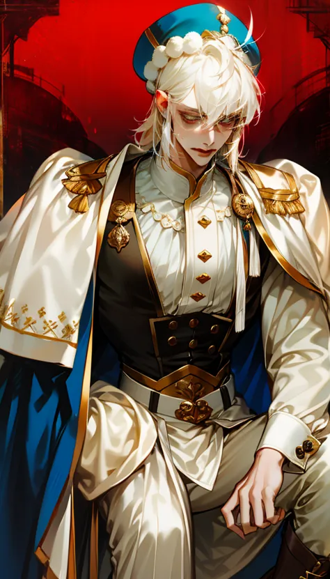 Hot tall muscular tall man with muscular physique with ((a frock coat reaching to the knee, with embroidered collar and large epaulettes; pants are tucked into the boots, and they have ram's fleece hats)) He is sweaty flexing his muscles like a Greek God. ...