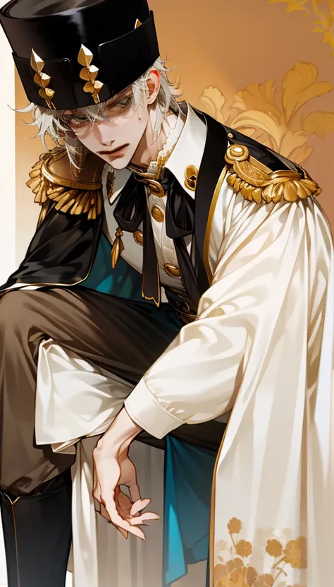 Hot tall muscular tall man with muscular physique with ((a frock coat reaching to the knee, with embroidered collar and large epaulettes; pants are tucked into the boots, and they have ram's fleece hats)) He is sweaty flexing his muscles like a Greek God. ...