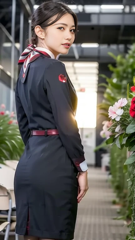 （（（super image quality）））、（（Highest quality））、（masterpiece）、8k、exhaustive、One Woman、Standing in flight attendant uniform、 full body image、backshots、nsfw、 White Lace Panties 、Butt