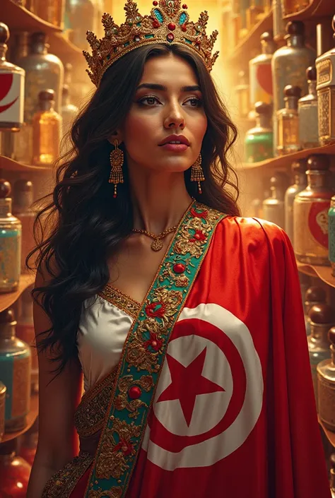 A Tunisian woman wears the Tunisian flag with a crown on her head and carries many bottles of perfume and behind them are perfume bottles. On the picture, it is written “Be a Tunisian be beautiful