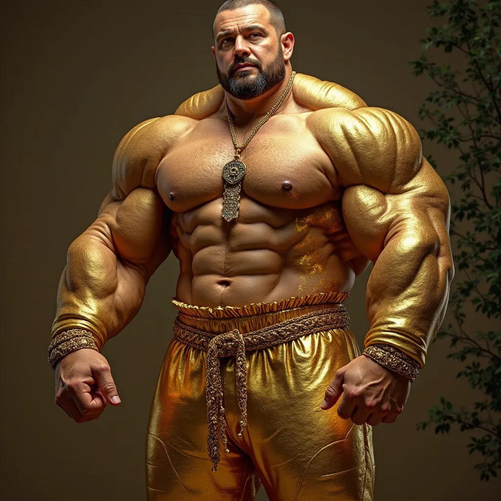 A rich, muscular man with a huge body and a lot of money, dressed in golden clothes, 16k maximum quality, top quality, top quality, Best quality and detail ,extreme perfection, Hyper-realistic perfect, as high resolution as possible