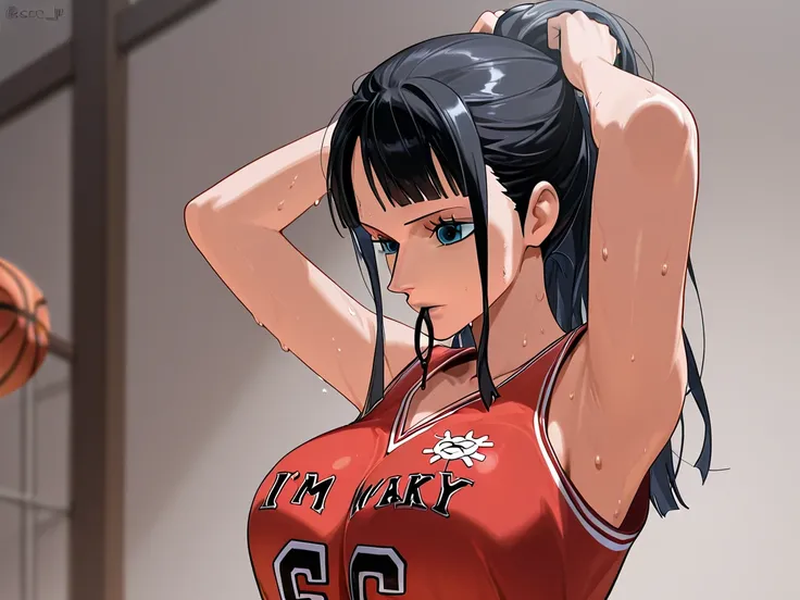  score_9,  score_8_up,  score_7_up, complicated details, masterpiece, Highest quality, 1 girl, Alone,  Nico Robin, One Piece,   black hair,  blue eyes, long hair, turned her hair backward,  red basketball uniform, crop top, Tying up hair, I'm sweating 