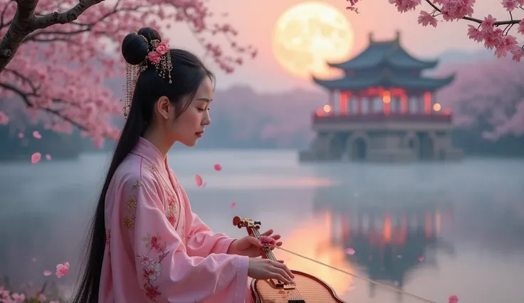 "A beautiful young woman in traditional Chinese attire plays the guzheng under a glowing full moon. She wears an elegant pink and floral hanfu with delicate embroidery, her dark hair styled in an intricate updo adorned with flowers and golden hairpins. The...