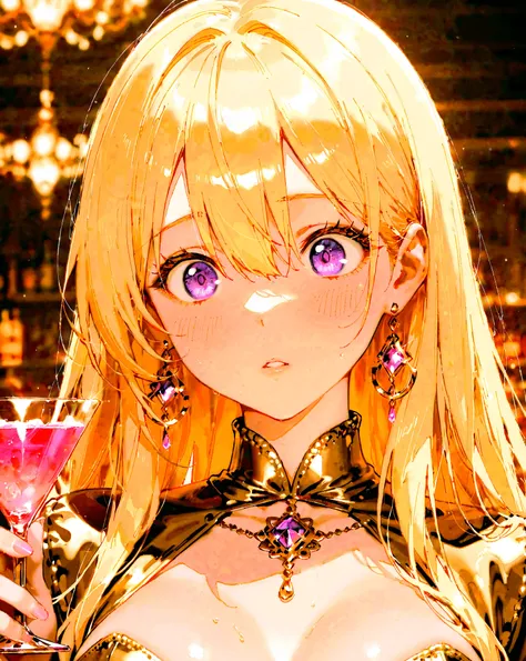 1girl, long blonde hair, hair inbetween eyes, cute, detailed eyes, purple eyes, facing viewer, sexy, welcome to Enigma, holding a cocktail, formal attire, black and gold dress, High Resolution, Masterpiece, Accurate, Anatomically Correct, Best Quality, Det...