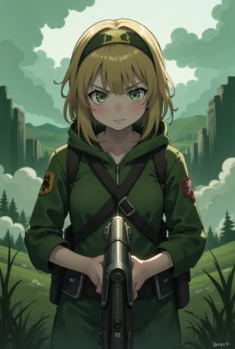 soldier, Young girl, Green set, Holding a gun,  war , Full body, fight, Blonde, headband, High Resolution 