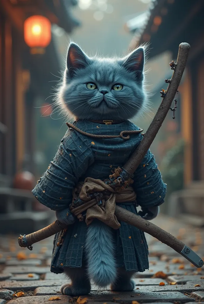 ((((１ kittens dressed as samurai in an old Japanese house))))、 (((from behind)))、( sword  ), fluffy cat  、Every face is different、 costumes are all blue sharks、、 身体的Features ：  with a slightly rounded face and simple eye accessories：  pose ： is fighting、 F...