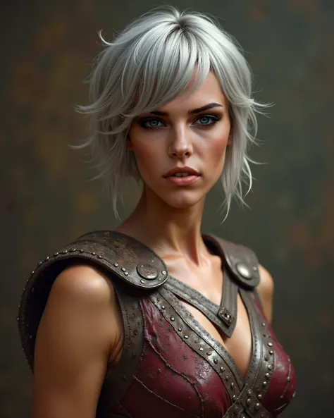 woman,  warrior, From the movie 300, with dirt marks after the battle. Dress as a warrior. Short silver hair. sexy., natural body, 