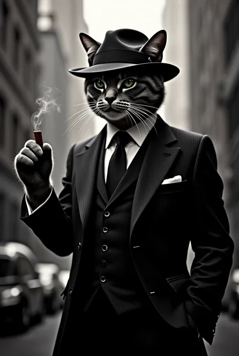 prompt": "A gangster cat wearing a pinstripe suit, fedora hat, holding a cigar, with a vintage city background, noir style, monochrome colors.",
  "orientation": "portrait